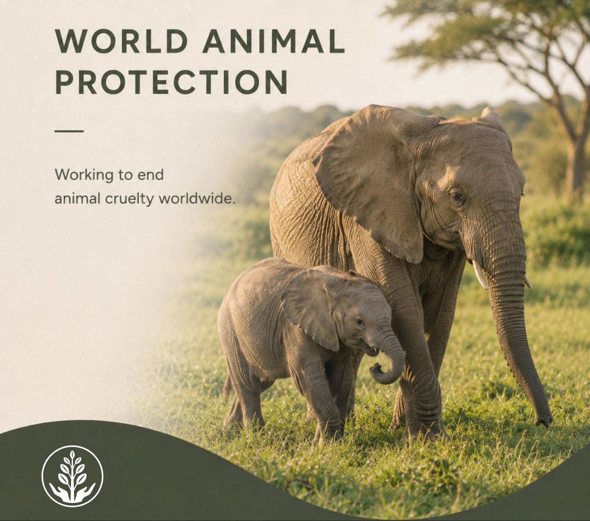 Two elephants walking together with World Animal Protection text and pause for a cause logo.