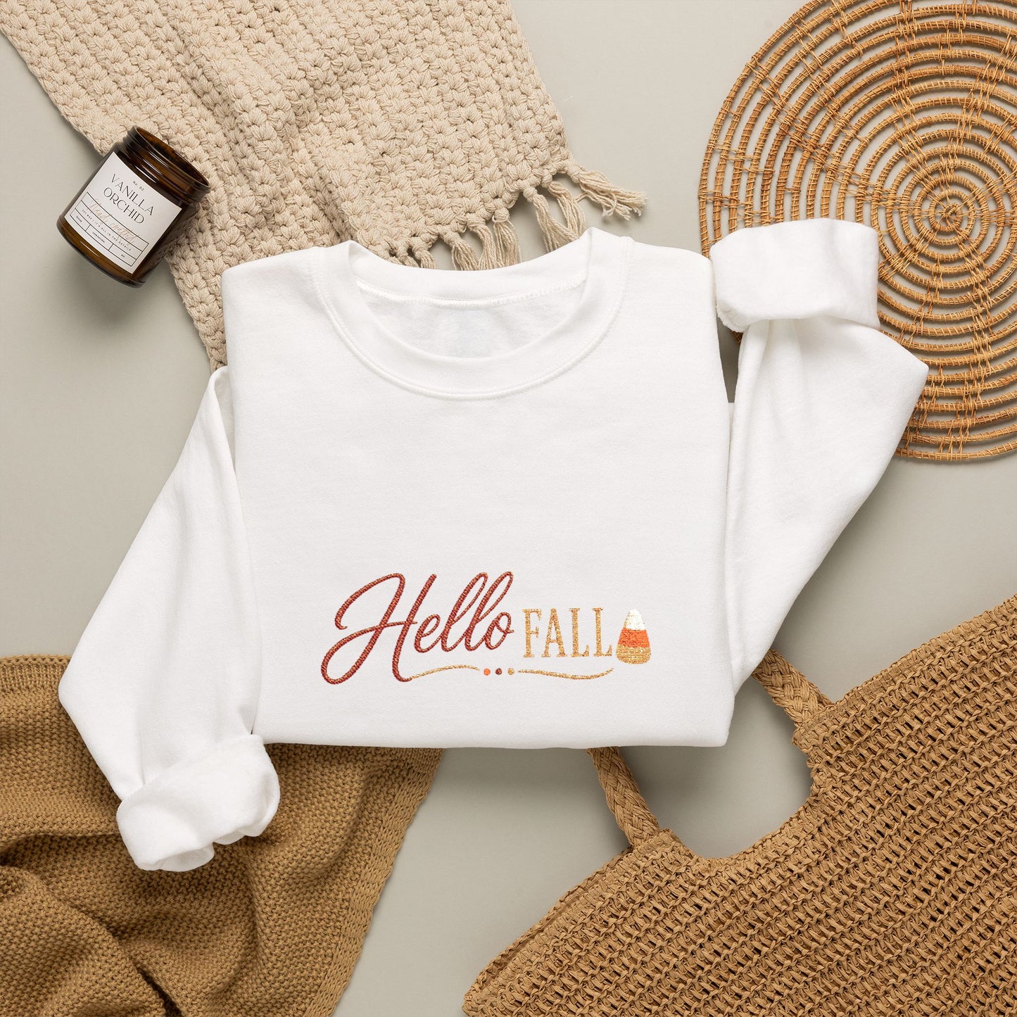 Hello Fall Embroidered Sweatshirt — Cozy Pumpkin Autumn Crewneck (10% Donated to Rescue Partners)