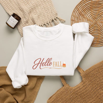Hello Fall Embroidered Sweatshirt — Cozy Pumpkin Autumn Crewneck (10% Donated to Rescue Partners)