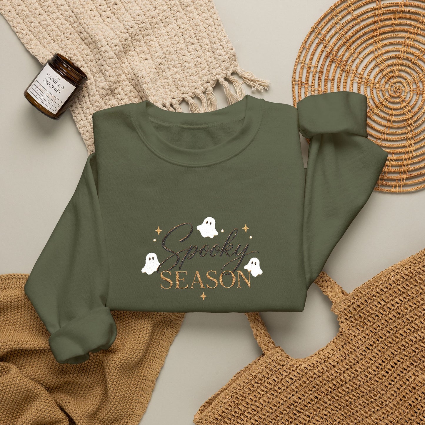 Spooky Season Embroidered Sweatshirt — Cute Ghosts Crewneck (10% to Rescue Partners)