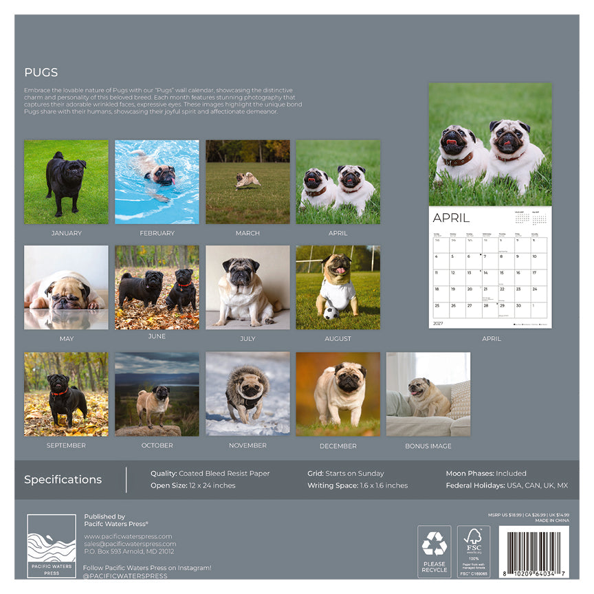 '27 Wall Calendar - Pugs