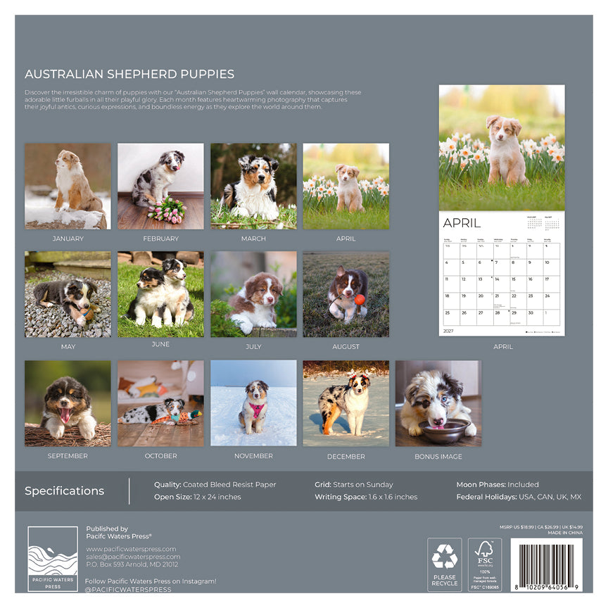 Calendar featuring Australian Shepherd puppies with images and a April page displayed.