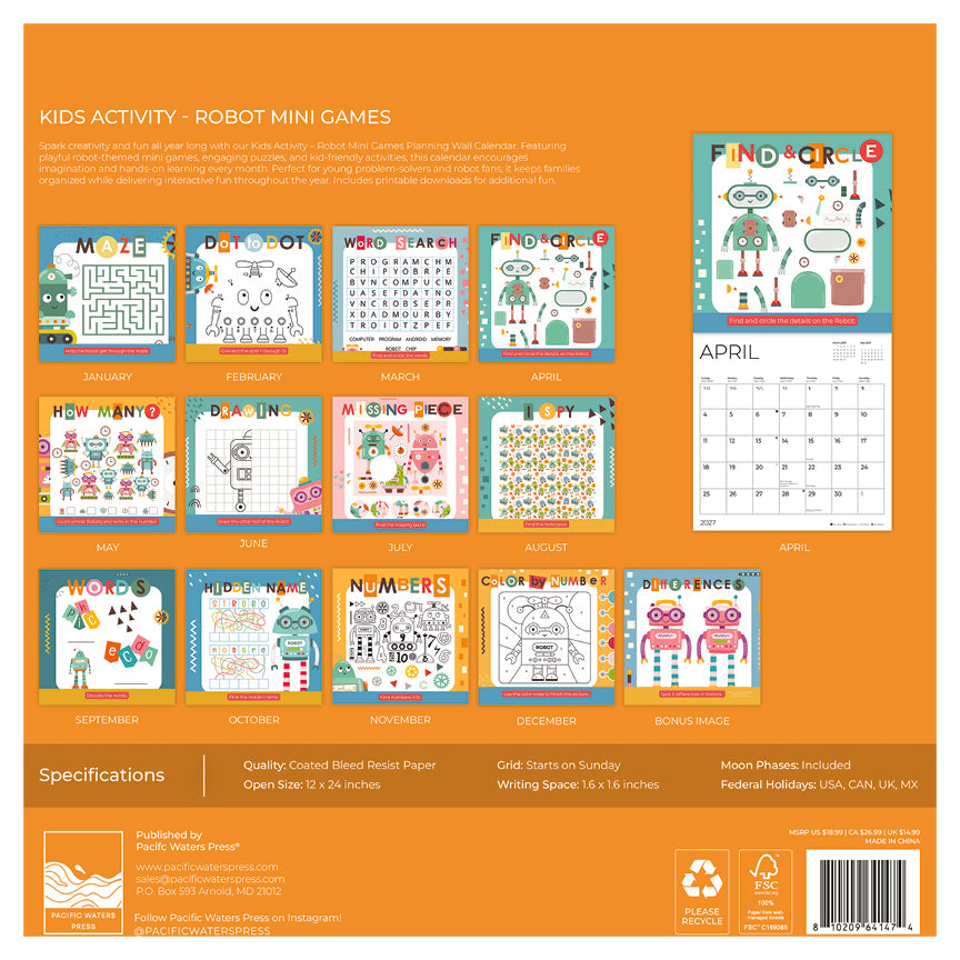 '27 Wall Calendar - Kids Activity - Robot Mini Games