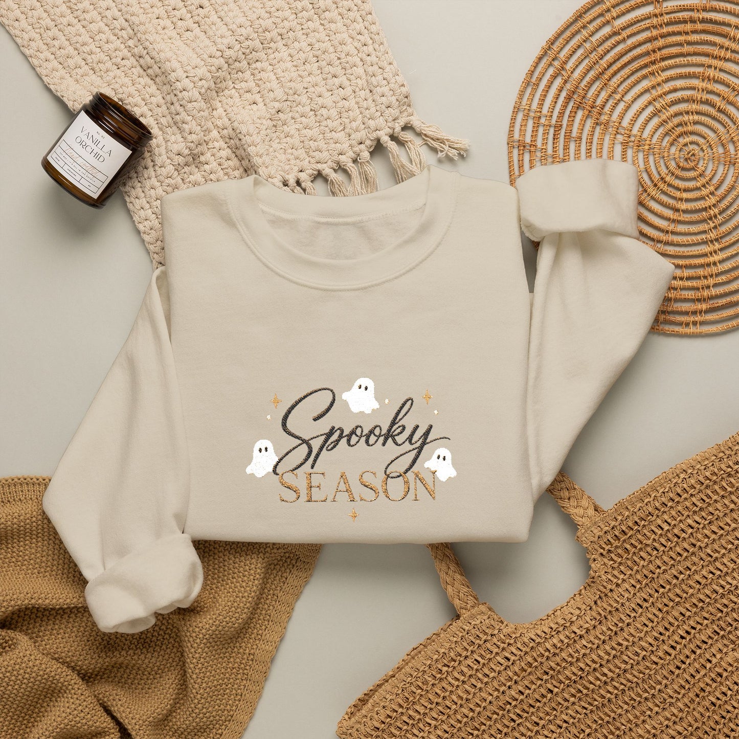Spooky Season Embroidered Sweatshirt — Cute Ghosts Crewneck (10% to Rescue Partners)