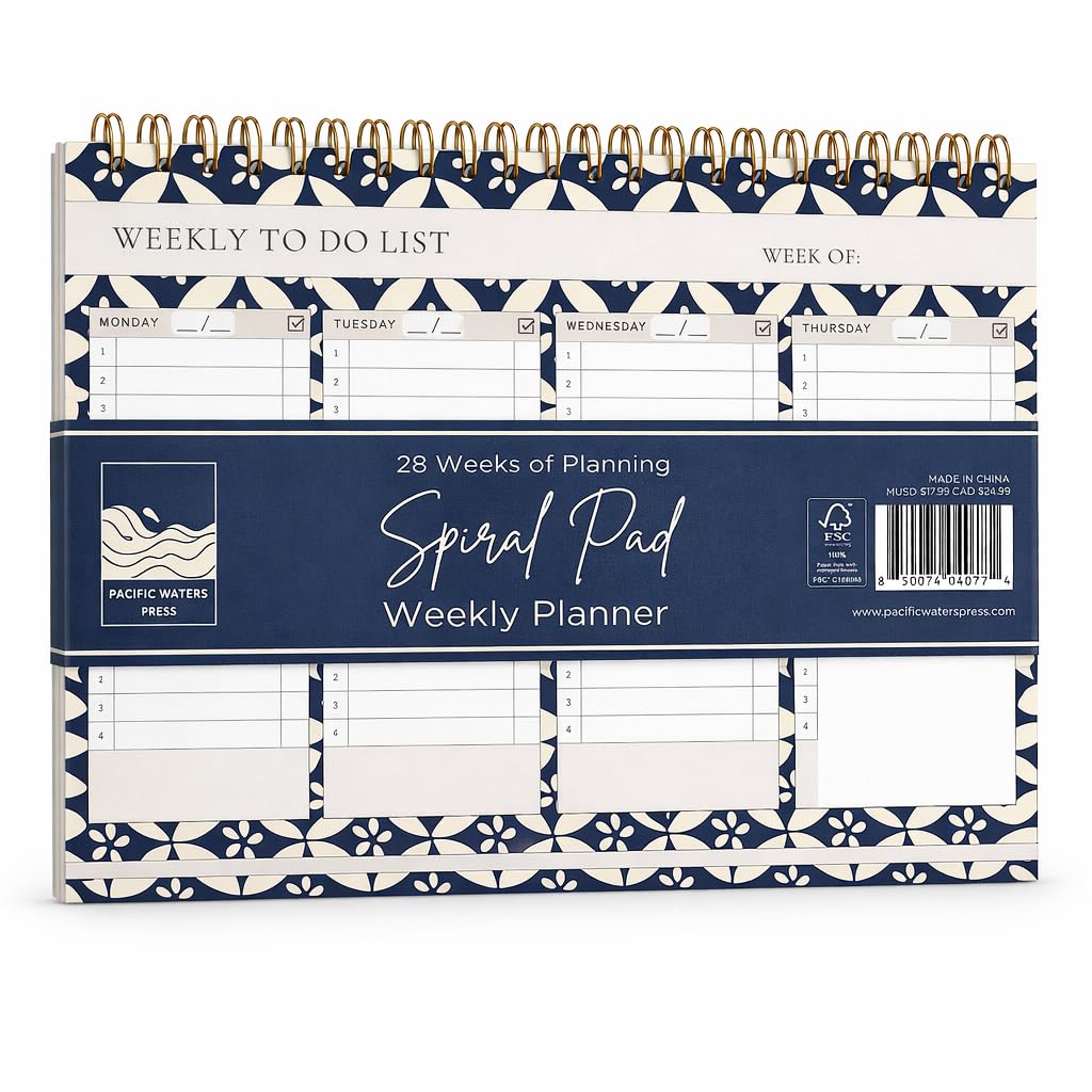 Weekly planner with a blue and white design on a white background