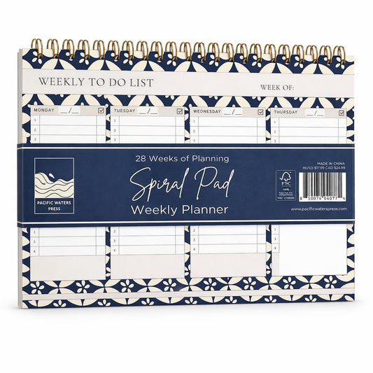 Weekly planner with a blue and white design on a white background