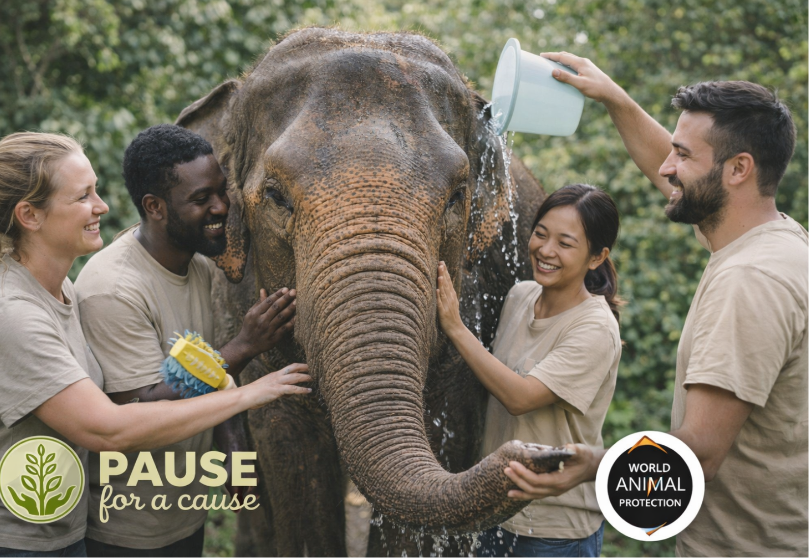 People interacting with an elephant, with 'Pause for a Cause' and World Animal Protection logos visible.