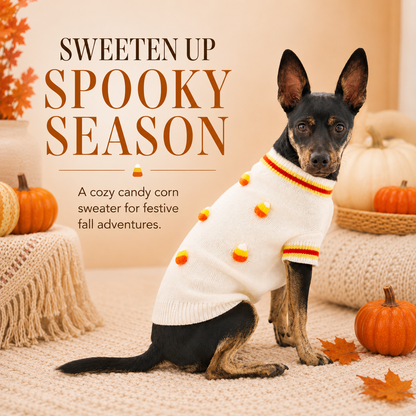 A small black-and-tan dog wearing a cream knit sweater with orange and yellow candy corn details, posed in a cozy autumn scene with pumpkins, fall leaves, and large text reading 'SWEETEN UP SPOOKY SEASON.' Because an animal is present, this is classified as Lifestyle rather than Product/Packaging, even though the sweater is clearly featured.