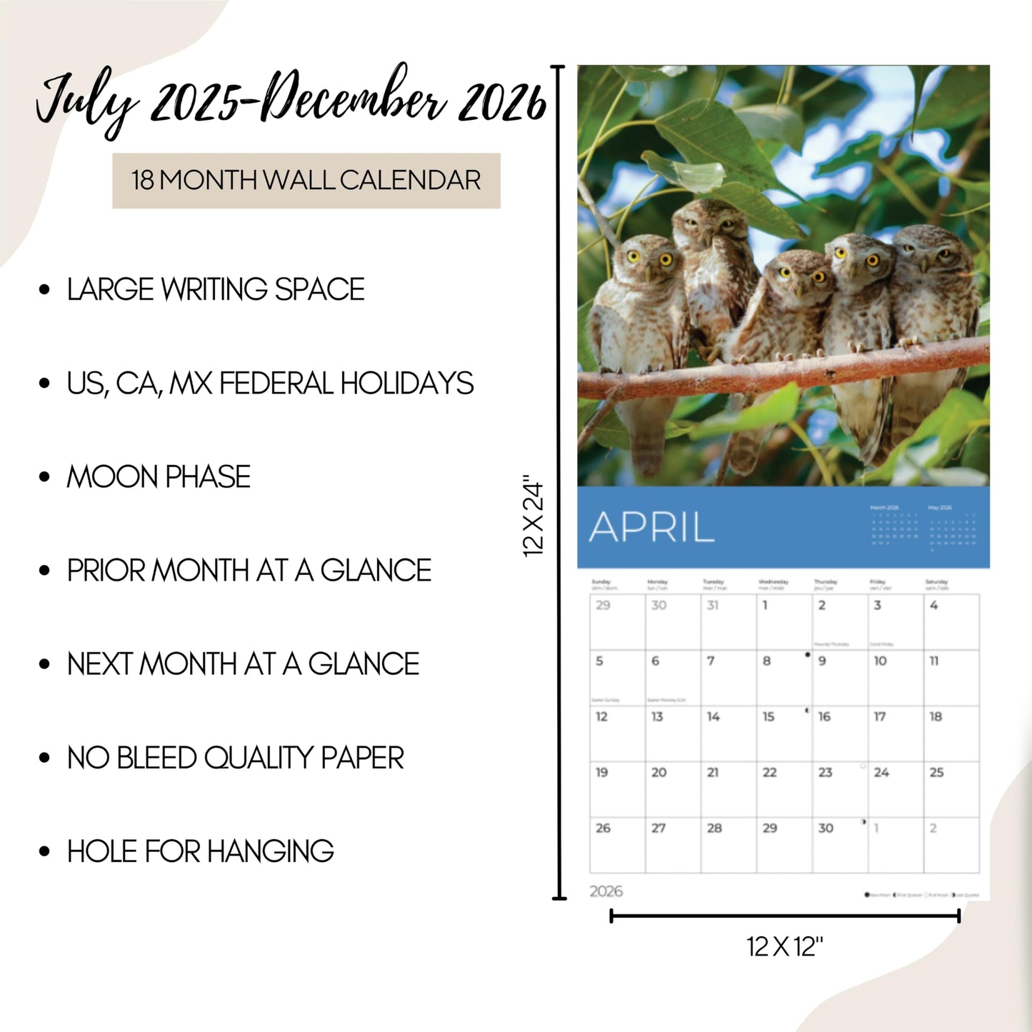 '26 Wall Calendar - Cows, Owls, & Woodland Creatures